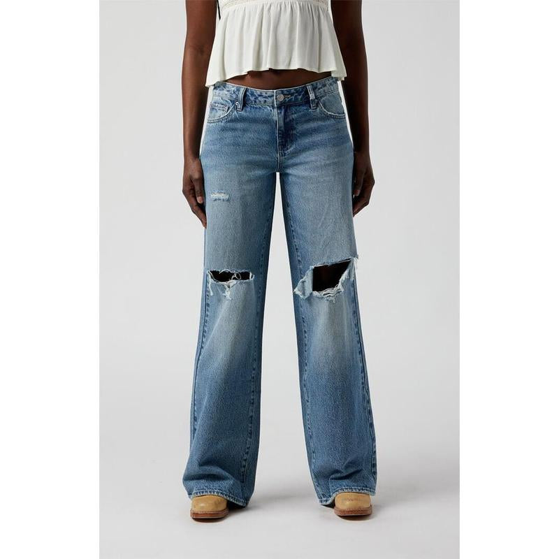 Pacsun Women'S Casey Ripped Low Rise Baggy Jeans Medium Indigo